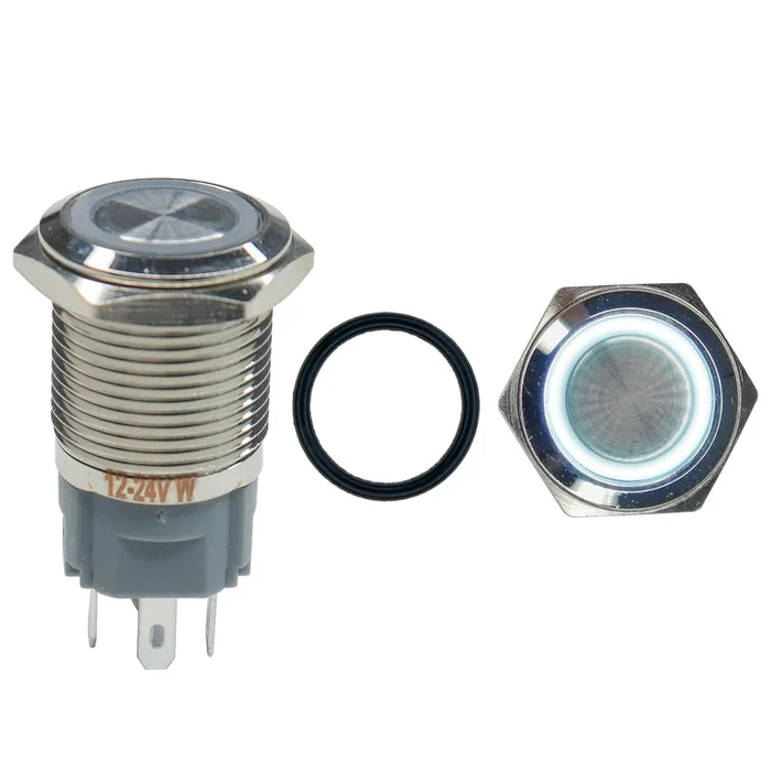 16mm 12-24V Ring Light Self Locking Push Button Metal Switch with White Indicator
