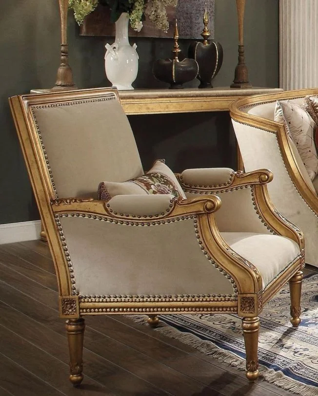 Acme Furniture Daesha Accent Chair in Tan Flannel & Antique Gold 50838 EST SHIP TIME APPX 4 WEEKS