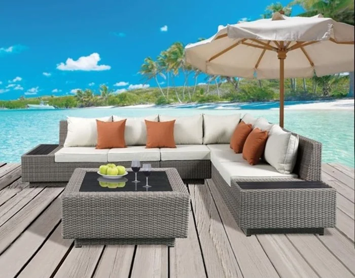 Acme Salena Patio Sectional with Cocktail Table in Beige Fabric & Gray Wicker 45020 EST SHIP TIME APPX 4 WEEKS