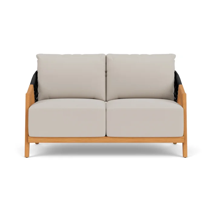 alpine loveseat in natural teak finish with azulu twine fabric grade b