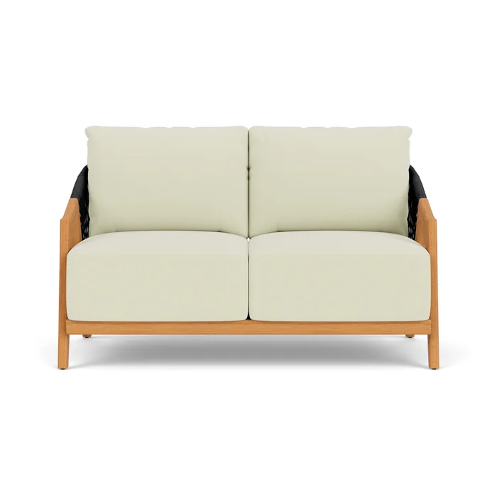 alpine loveseat in natural teak finish with bamboo bay meadow fabric grade a
