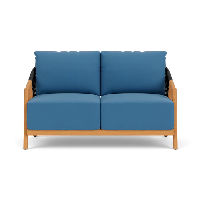 alpine loveseat in natural teak finish with bamboo bay sky fabric grade a