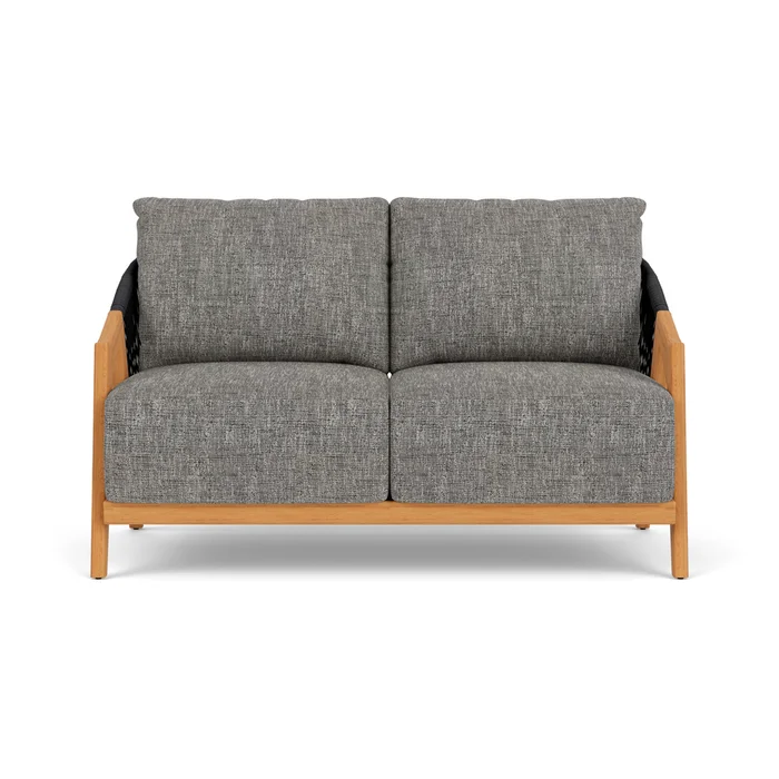 alpine loveseat in natural teak finish with black sand fabric grade b