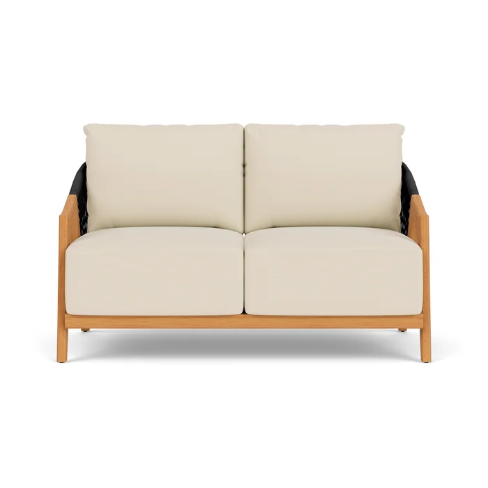 alpine loveseat in natural teak finish with callen pearl fabric grade b