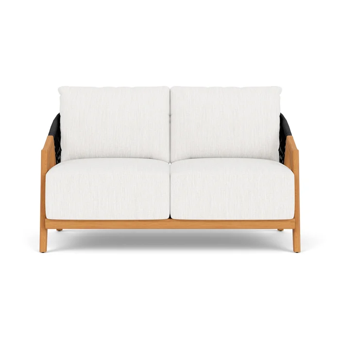 alpine loveseat in natural teak finish with friendly natural fabric grade b