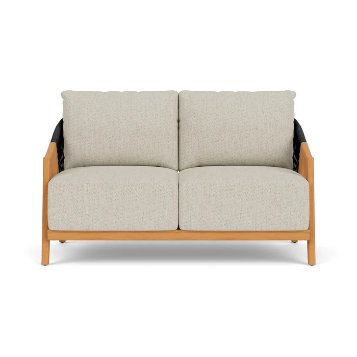 alpine loveseat in natural teak finish with knotty mineral fabric grade c