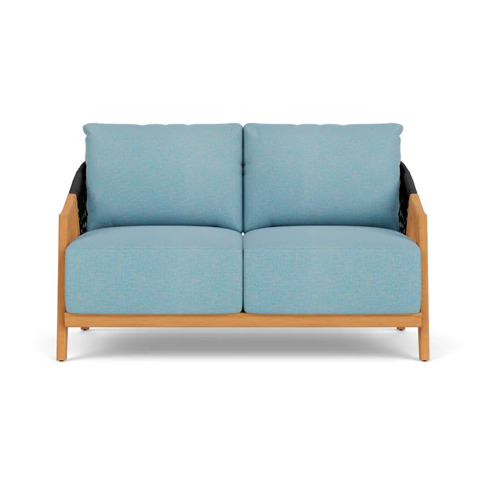 alpine loveseat in natural teak finish with leeds light blue fabric grade a
