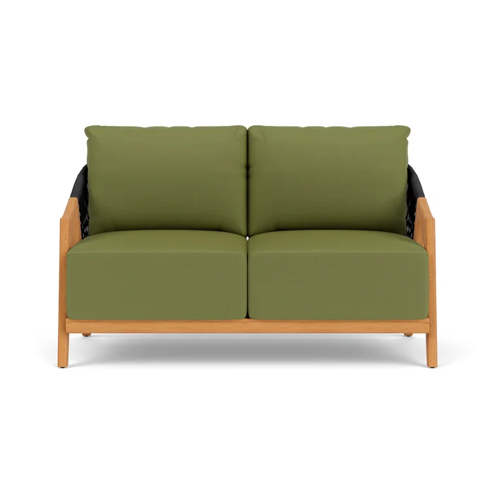 alpine loveseat in natural teak finish with reflections grass fabric grade b