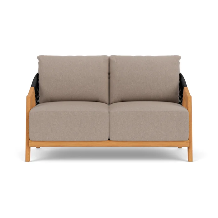 alpine loveseat in natural teak finish with remy pebble fabric grade b