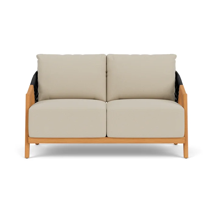 alpine loveseat in natural teak finish with rumba straw fabric grade a