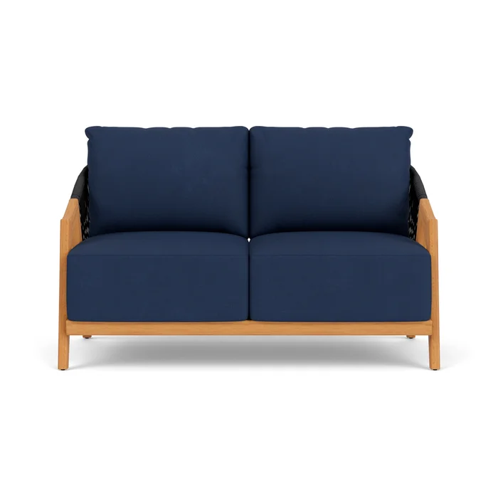 alpine loveseat in natural teak finish with sandberg navy fabric grade b