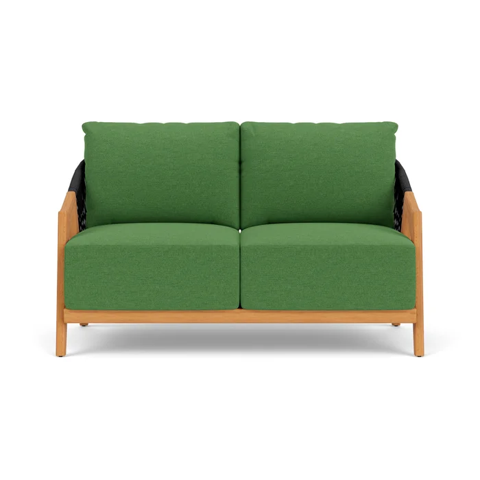 alpine loveseat in natural teak finish with seadog botanical fabric grade b