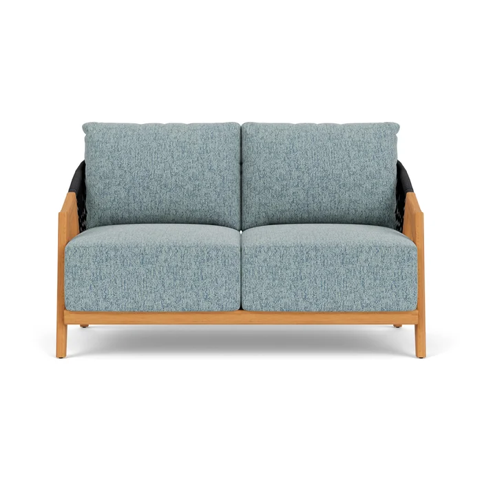 alpine loveseat in natural teak finish with serene ocean fabric grade b