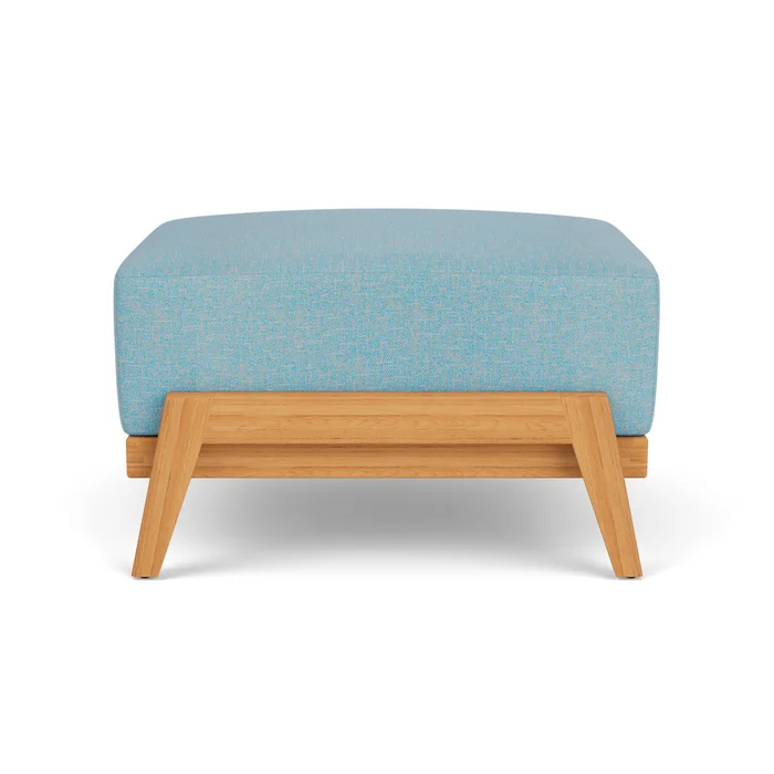alpine ottoman in natural teak finish with leeds light blue fabric grade a