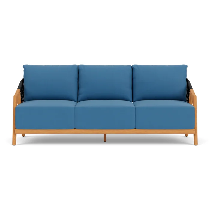 alpine sofa in natural teak finish with bamboo bay sky fabric grade a