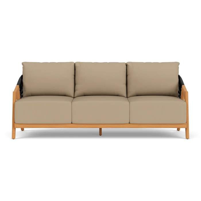 alpine sofa in natural teak finish with fife sahara fabric grade b