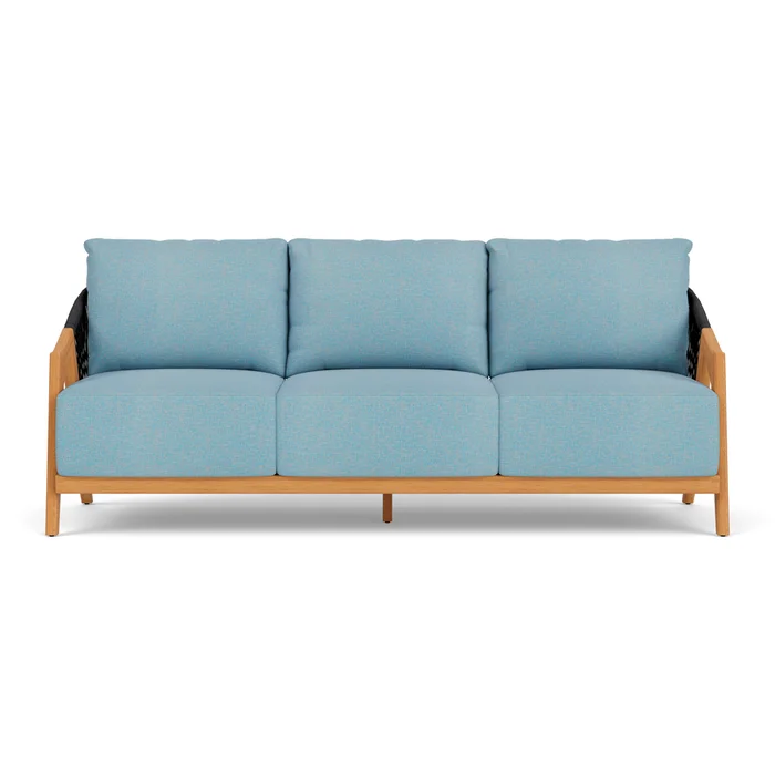 alpine sofa in natural teak finish with leeds light blue fabric grade a
