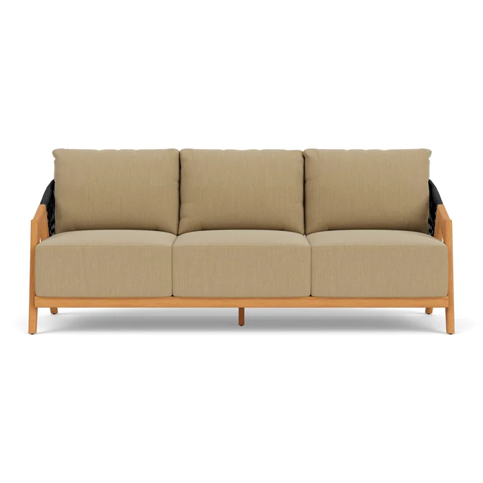 alpine sofa in natural teak finish with loveboat saffron fabric grade a