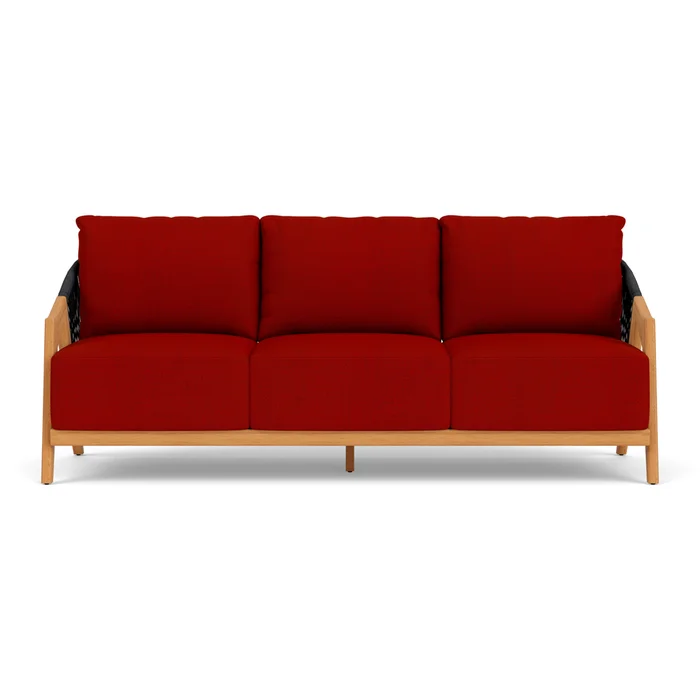 alpine sofa in natural teak finish with partyline lollipop fabric grade b