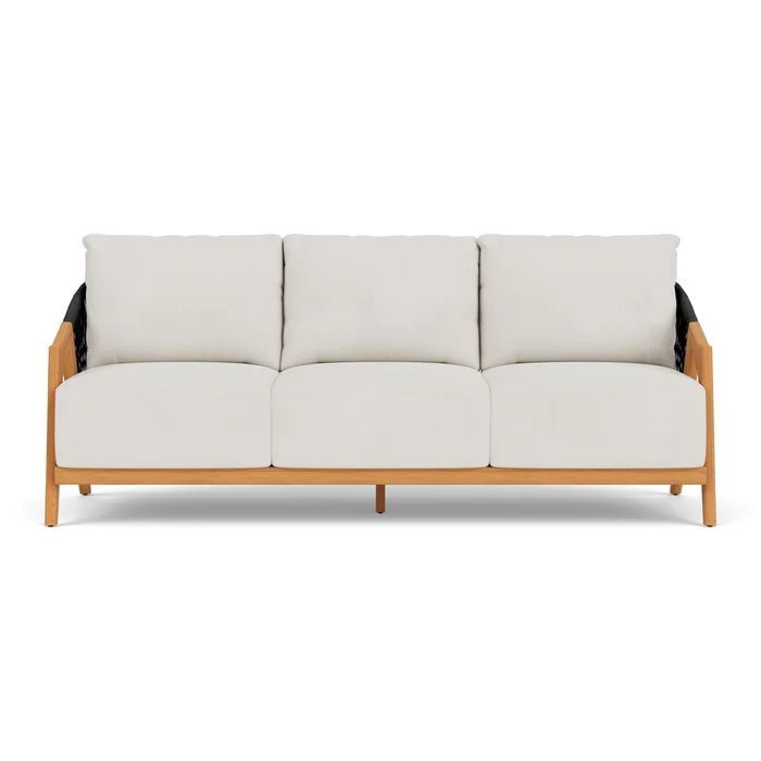 alpine sofa in natural teak finish with rollo linen fabric grade b