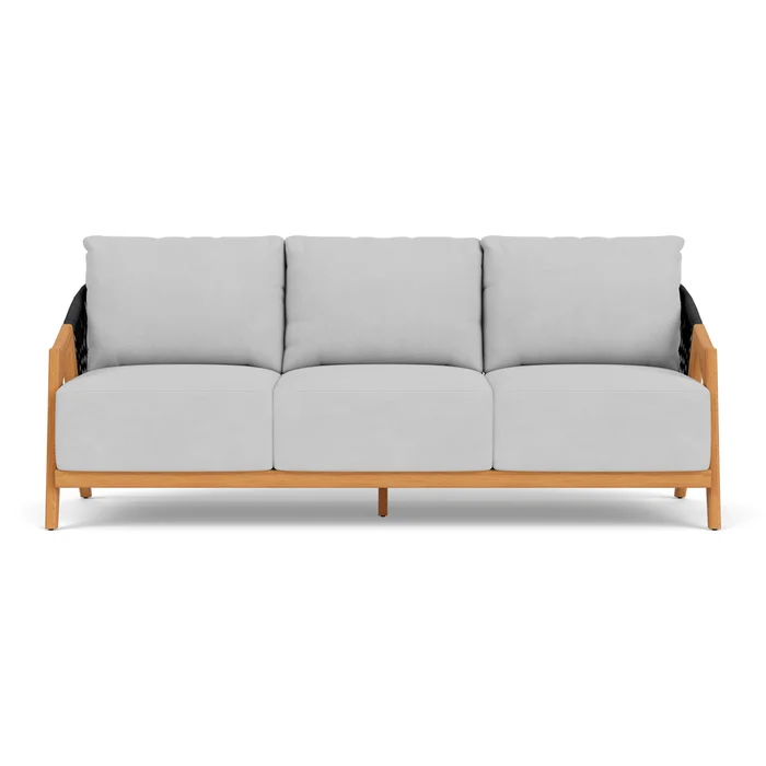 alpine sofa in natural teak finish with sandberg dove fabric grade b
