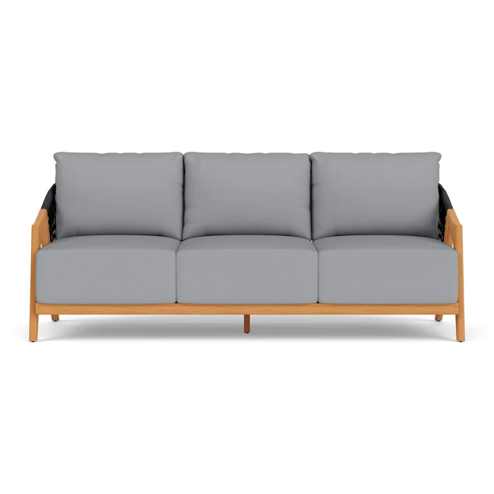 alpine sofa in natural teak finish with sandberg pewter fabric grade b
