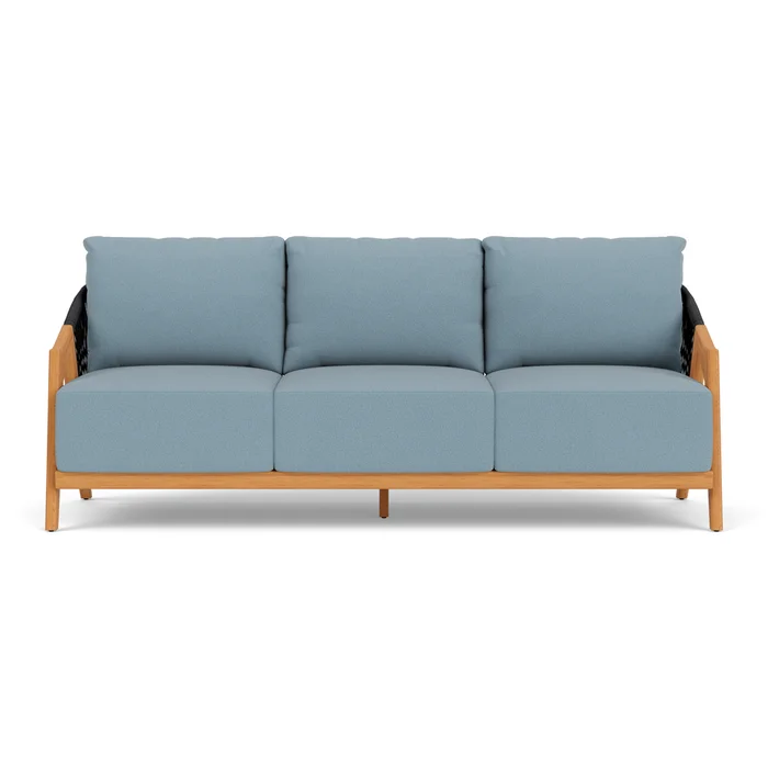 alpine sofa in natural teak finish with unearth mist fabric grade c