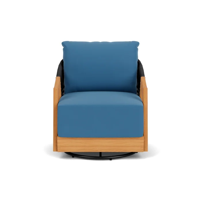 alpine swivel lounge chair in natural teak finish with bamboo bay sky fabric grade a