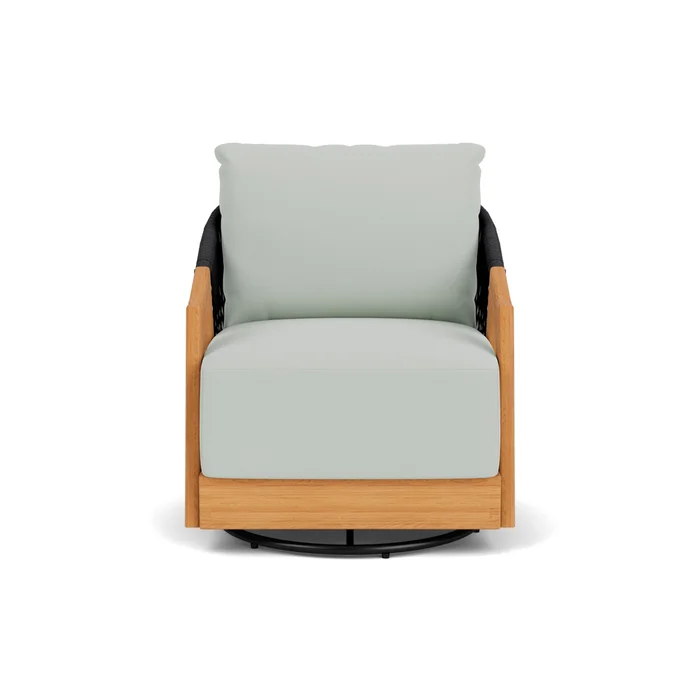 alpine swivel lounge chair in natural teak finish with callen celadon fabric grade b