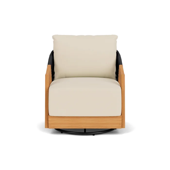 alpine swivel lounge chair in natural teak finish with callen pearl fabric grade b