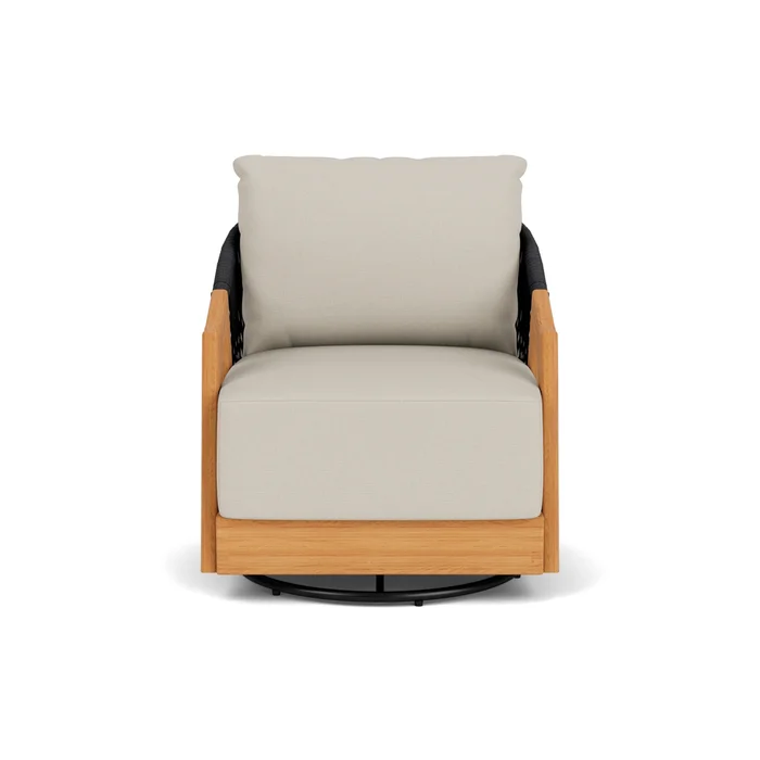 alpine swivel lounge chair in natural teak finish with fife fog fabric grade b
