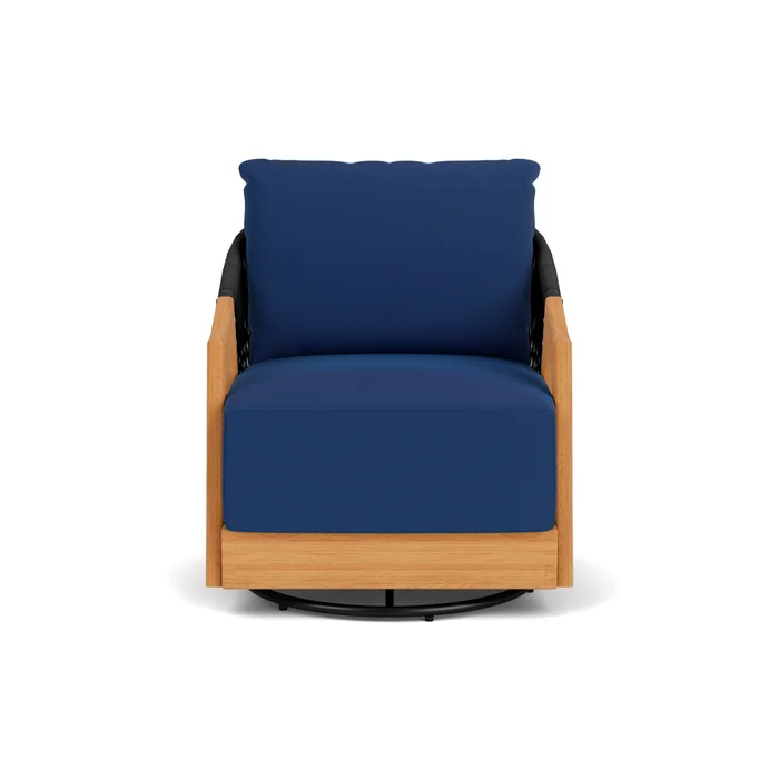 alpine swivel lounge chair in natural teak finish with flagship lapis fabric grade b