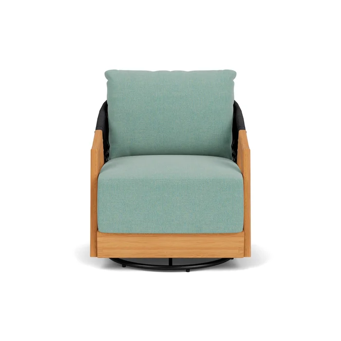 alpine swivel lounge chair in natural teak finish with pavian pool fabric grade c