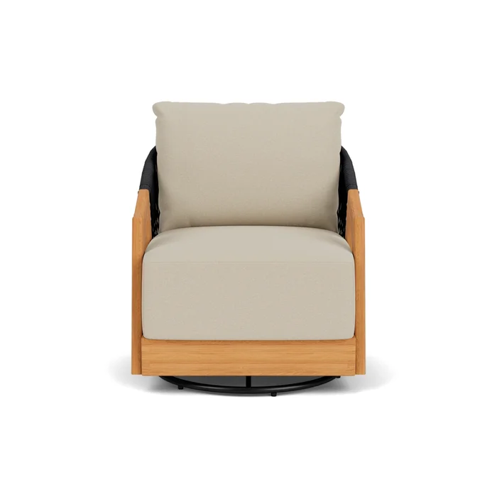alpine swivel lounge chair in natural teak finish with rumba straw fabric grade a