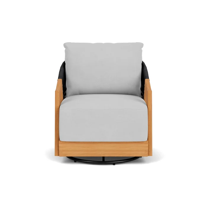 alpine swivel lounge chair in natural teak finish with sandberg dove fabric grade b