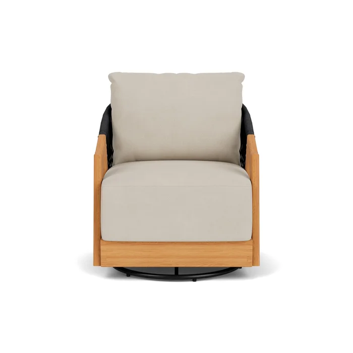 alpine swivel lounge chair in natural teak finish with sandberg flax fabric grade b