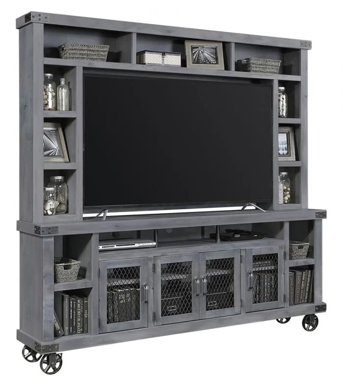 Aspenhome Industrial 84″ Console & Hutch in Lighthouse Grey WMN1036-LGH;WMN1036H-LGH CUSTOM ITEM
