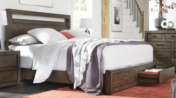 Aspenhome Modern Loft Queen Panel Storage Bed in Brownstone EST SHIP TIME IS 2 WEEKS