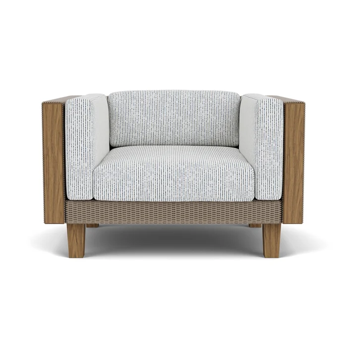 catalina lounge chair in french beige finish with burson indigo fabric grade b