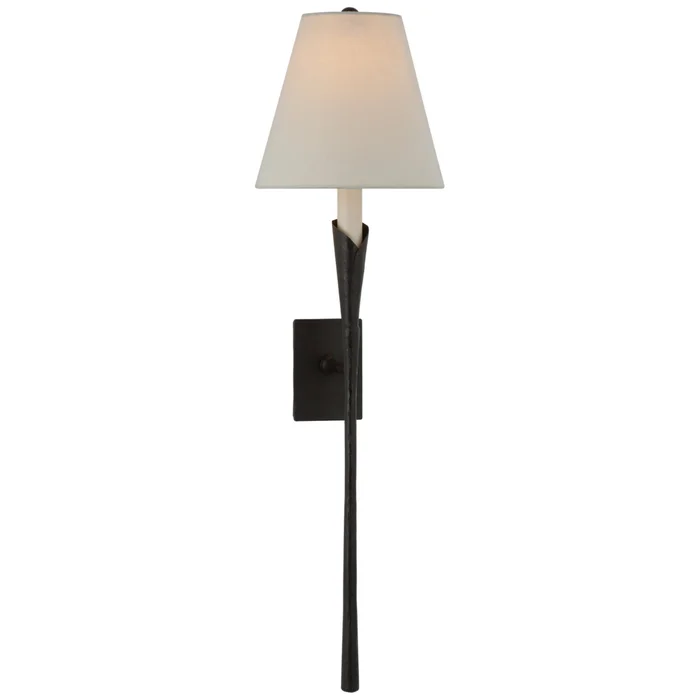 Chapman & Myers Aiden Large Tail Sconce in Aged Iron with Linen Shade Wall Light W8.5″ x H32″