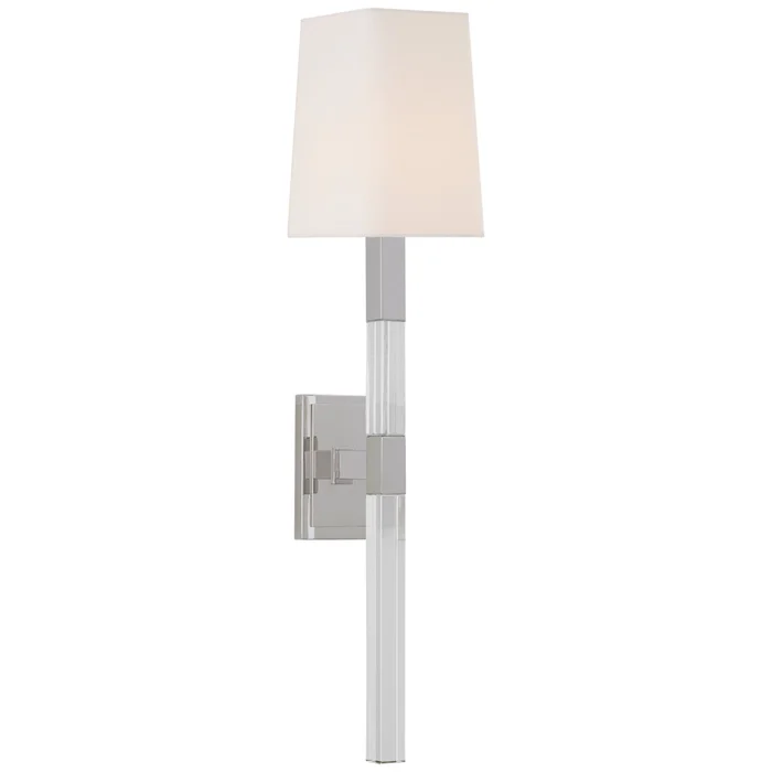 Chapman & Myers Reagan Medium Tail Sconce in Polished Nickel and Crystal with Linen Shade Wall Light W5″ x H24.75″