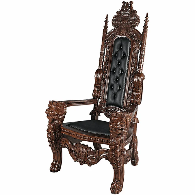 Design Toscano AF51207 Lord Raffles Lion Traditional Walnut Throne with Black Leather