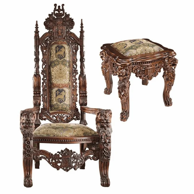Design Toscano AF91038 Lord Raffles Lion Traditional Walnut Throne and Ottoman Set