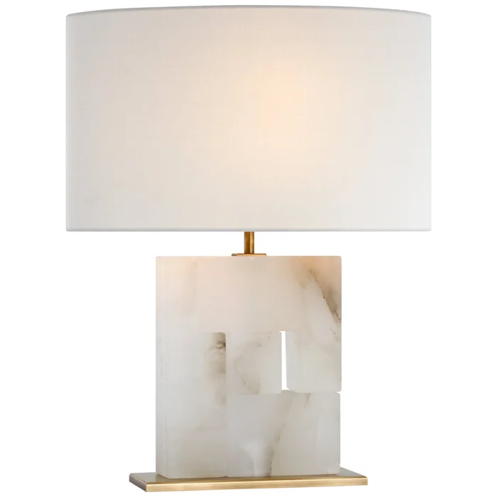 Ian K. Fowler Ashlar Medium Table Lamp in Alabaster and Hand-Rubbed Antique Brass with Linen Shade W17.5″ x H22″