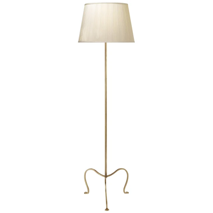 J. Randall Powers Albert Petite Tri-Leg Floor Lamp in Gilded Iron with Silk Box Pleat Shade W18.75″ x H59″