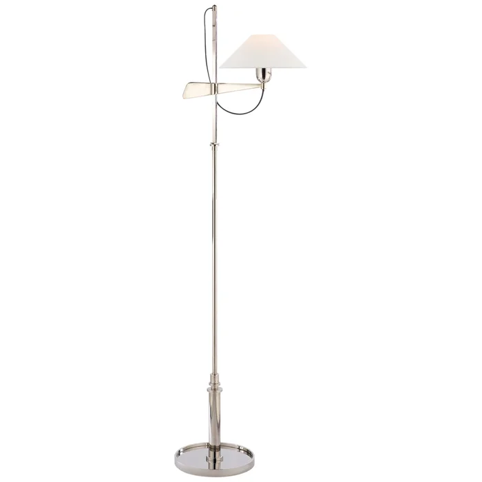 J. Randall Powers Hargett Bridge Arm Floor Lamp in Polished Nickel with Linen Shade H50″ – 56.5″