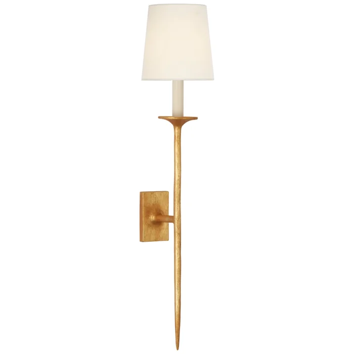 Julie Neill Catina Large Tail Sconce in Antique Gold Leaf with Linen Shade Wall Light W6.25″ x H30.5″