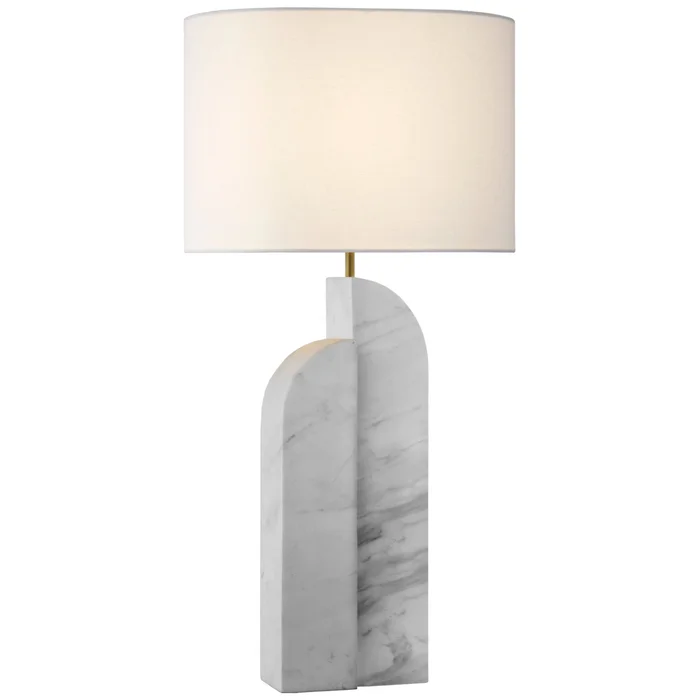 Kelly Wearstler Savoye Large Left Table Lamp in White Marble with Linen Shade W18″ x H34″