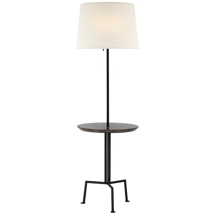 Kelly Wearstler Tavlian Large Tray Table Floor Lamp in Aged Iron and Gray Marble with Linen Shade W20″ x H65″