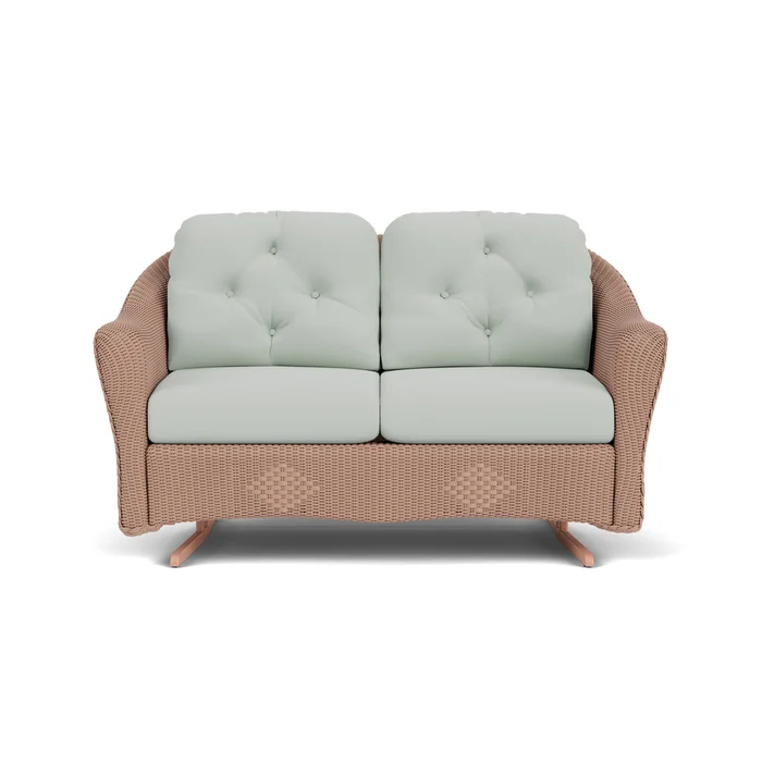 lloyd flanders reflections loveseat glider in rosewood finish with callen celadon fabric grade b